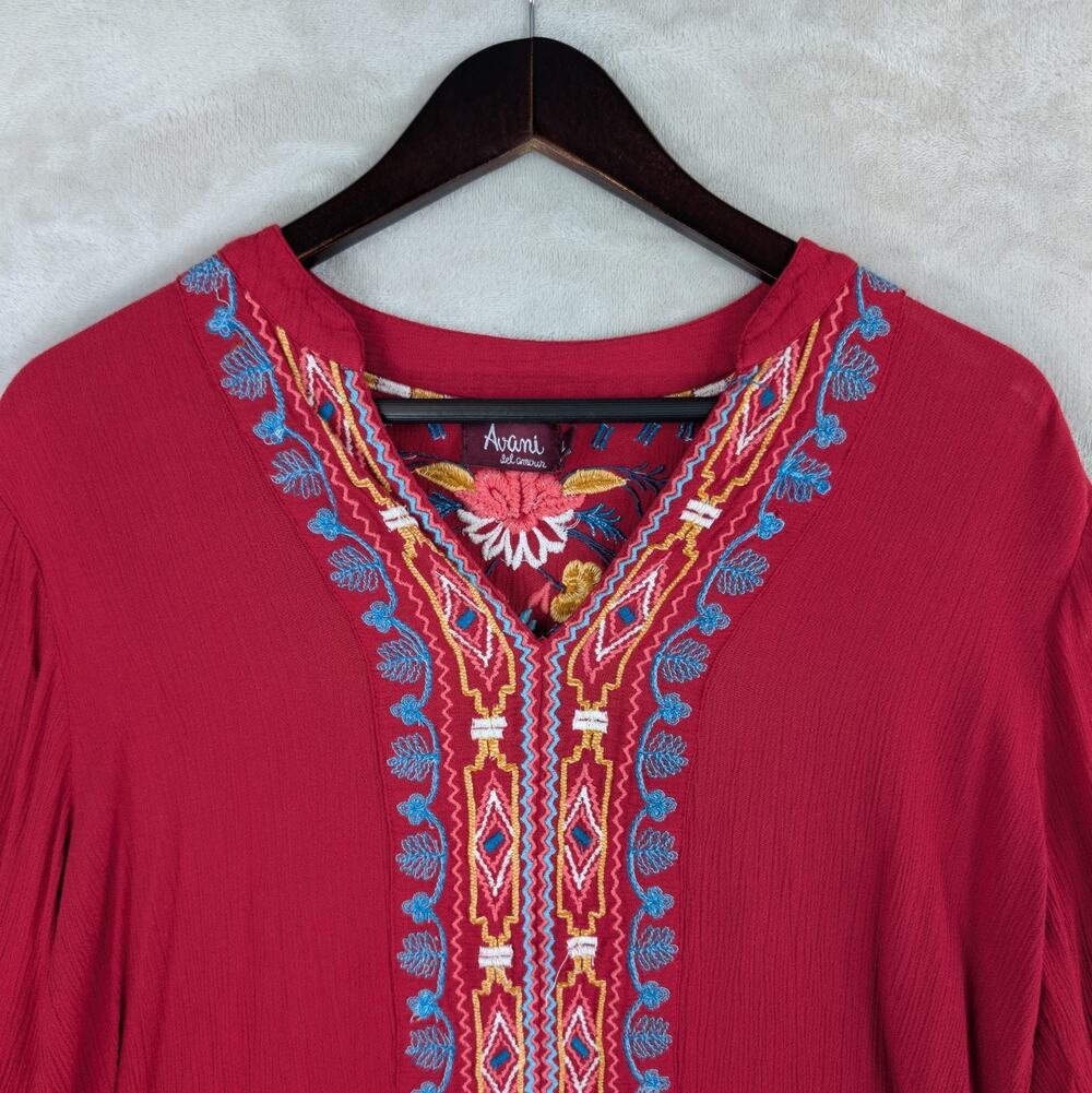 Avani Del Amour Embroidered Floral Peasant Blouse L Red Poetcore Folkcore